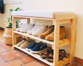 Two Tier Wooden Rack Bench with Cushioned Top, Entryway Home Furniture