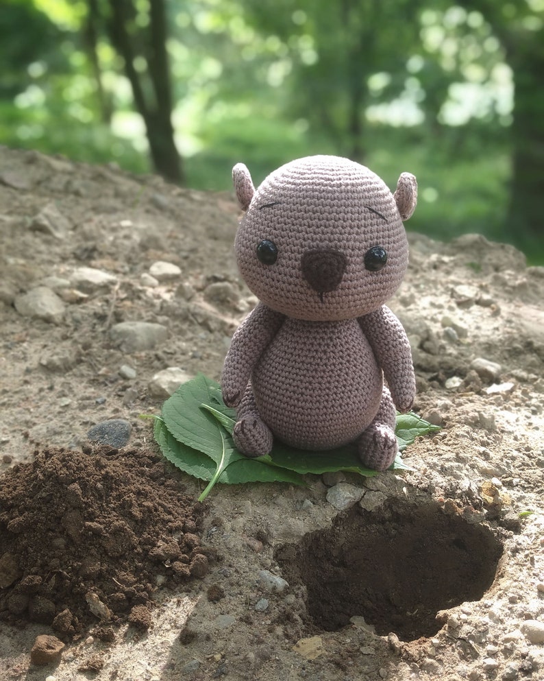 May include: A crocheted plush toy in the shape of a groundhog sitting on a green leaf. The groundhog is light brown with black eyes and a brown nose. The groundhog is sitting in front of two holes in the ground.