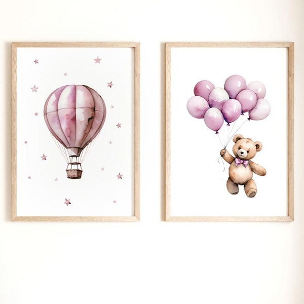 Hot air balloon nursery print, teddy bear print, nursery girl prints,bear nursery print, vintage print,2 set nursery wall art, nursery decor