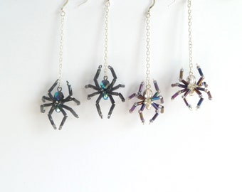 Dangly Beaded Spider Earrings, Silver Ear Wires, Spider Jewellery, Halloween Gift, Scary or Cute! Price per one pair