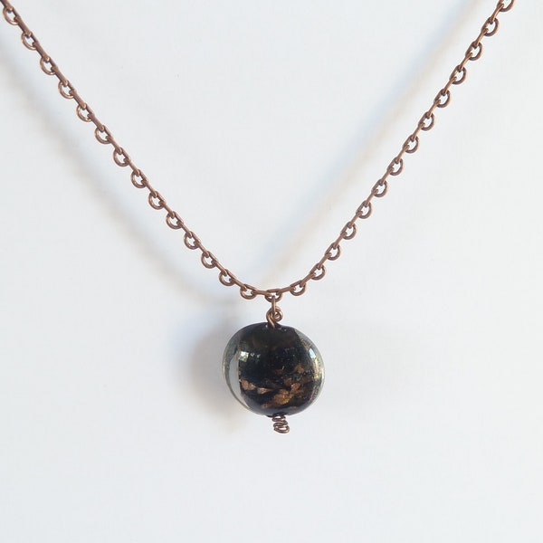 Bronze & Black Necklace, Brown Black Round Pendant, Decorative Antique Copper Chain, Spiral Detail, Birthday Anniversary Thank You Gift