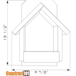 May include: Line drawing blueprint of a birdhouse with dimensions 9 7/8 inches wide and 13 1/2 inches tall. The birdhouse has a gabled roof and a rectangular base.
