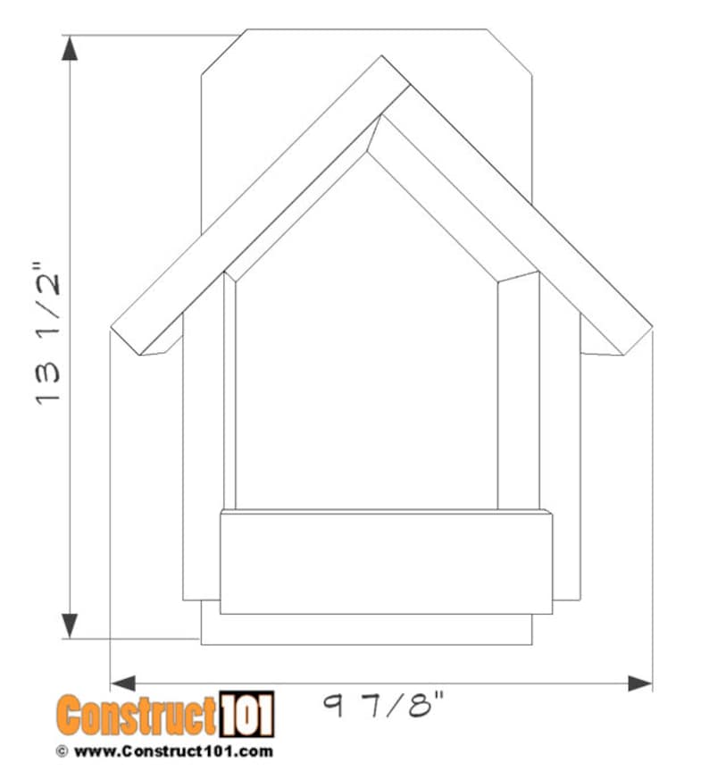 May include: Line drawing blueprint of a birdhouse with dimensions 9 7/8 inches wide and 13 1/2 inches tall. The birdhouse has a gabled roof and a rectangular base.