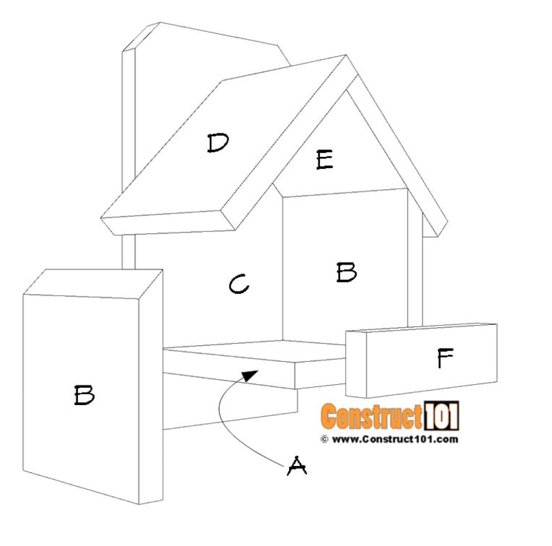 May include: A black and white line drawing diagram of a birdhouse with labelled parts A through F. The birdhouse has a roof, a base, and a perch. The text "Construct 101" is visible in the bottom right corner of the image.