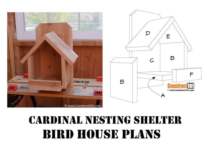 May include: A diagram showing how to build a cardinal nesting shelter birdhouse. The diagram shows the different pieces of wood needed to build the birdhouse. The text on the diagram reads "Construct 101" and "www.Construct101.com".