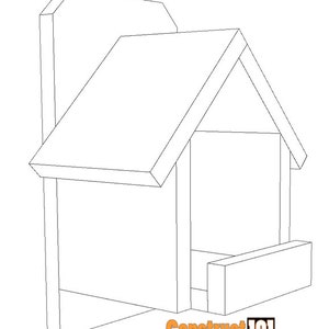 May include: Line drawing of a birdhouse with a pitched roof and a small landing platform. The birdhouse is designed to be mounted on a wall or post.