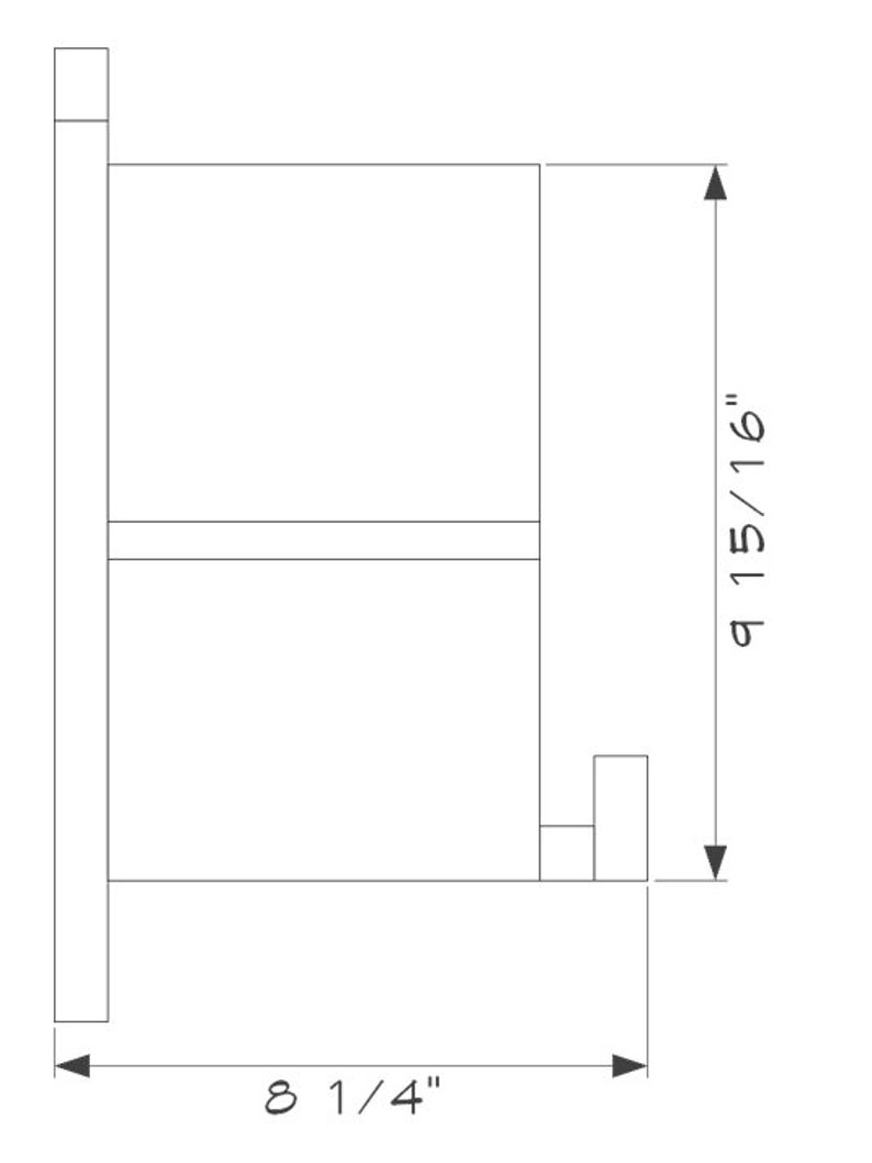 May include: Line drawing of a rectangular box with a small rectangular protrusion on the right side. The box is 8 1/4 inches wide and 9 15/16 inches tall.
