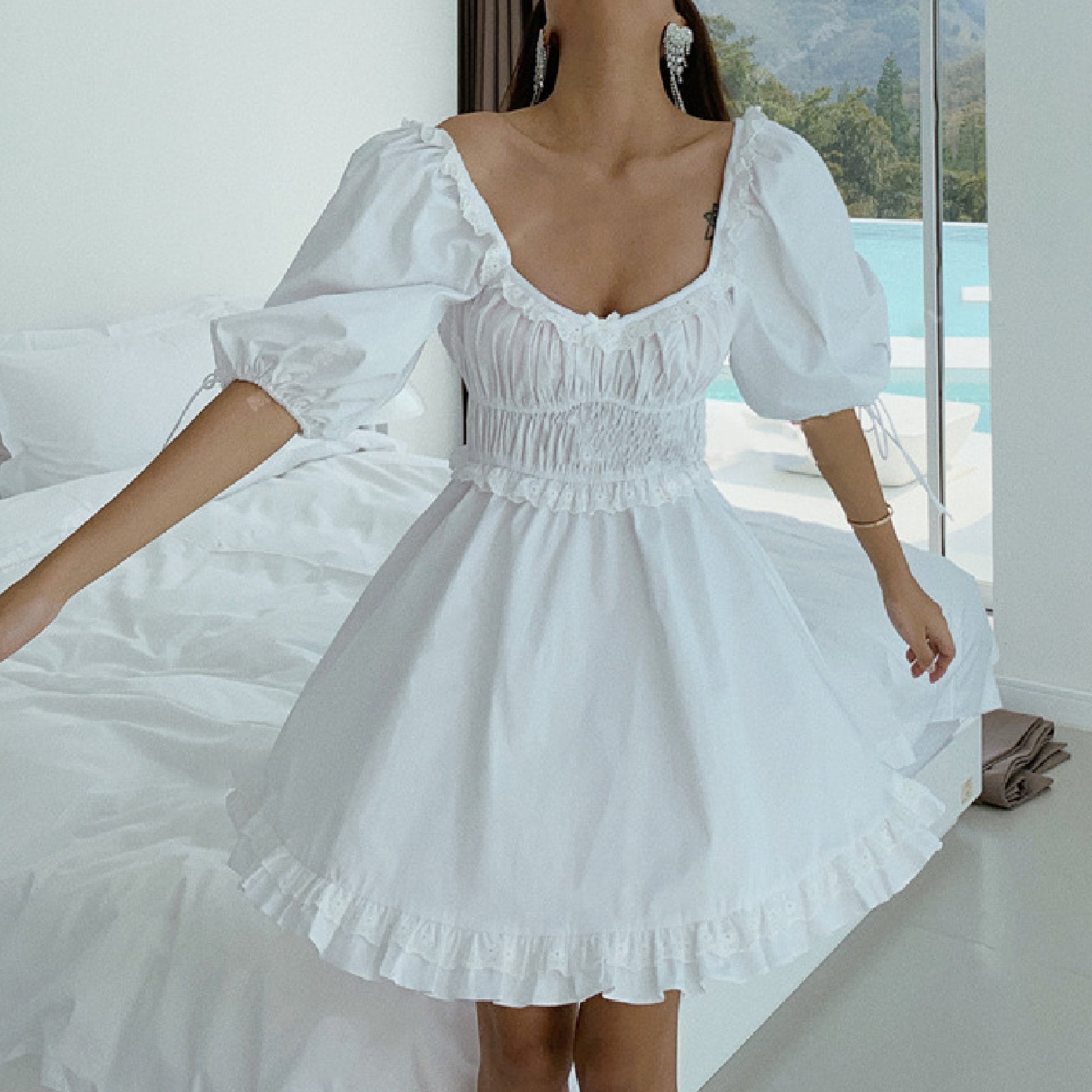 White Puff Sleeve Dress Ruffle Dress Party Square Neck Dress - Etsy ...