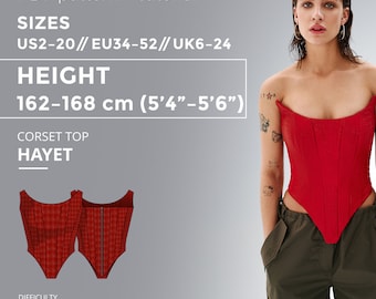 Hayet Corset Top Sewing Pattern PDF US 2-20 | Faux Leather Corset Pattern Zip Back Corset DIY Corset Pattern Top Pattern Height 162-168