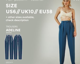 Adeline Trousers Sewing Pattern US 6 UK 10 EU 38  |Tailored Trousers Sewing Pattern Printable Trousers Pants Pattern Women Trouser Pattern