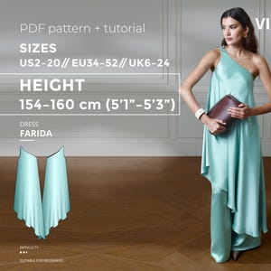 Farida Dress pdf Sewing Pattern EU 34-52 UK 6-24 US 2-20| Dress Sewing Pattern Bias Cut Dress One Shoulder Slip Dress Height 154-160 cm