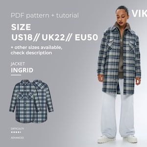 Ingrid semi-fitted shirt jacket pattern with pdf tutorial size US 18 UK 22 EU 50