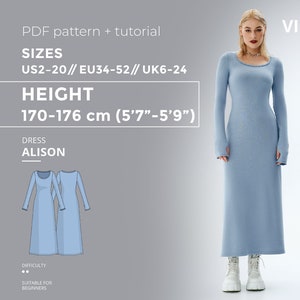 Patrón de vestido Alison para tallas 2 a 20 de EE. UU., altura 170-176, patrón de costura de vestido de punto con tutorial