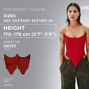 Wzór na gorset Hayet Top PDF US 2-20 | Wzór na gorset ze sztucznej skóry Gorset z zamkiem błyskawicznym na plecach Wzór na gorset DIY Wzór na górę Wysokość 170-176