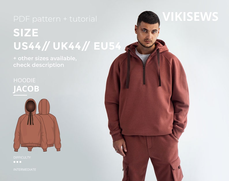 Jacob hoodie sewing pattern with tutorial size US 44 UK 44 EU 54 image 1