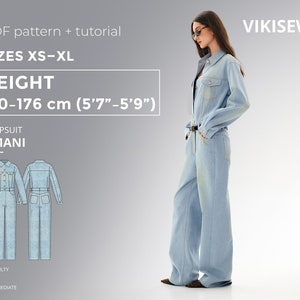 Patrón de costura en PDF del mono Amani con tutorial, talla EU34-EU52 para alturas de 170-176 cm, tallas XS-XL