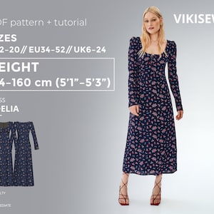 Odelia dress 154-160 height US sizes 2 - 20 pattern, empire waist sewing pattern with tutorial