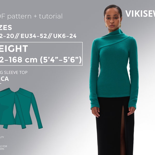 Erica Long Sleeve Top  PDF sewing pattern with tutorial, size EU34-EU52 for 162-168 cm height