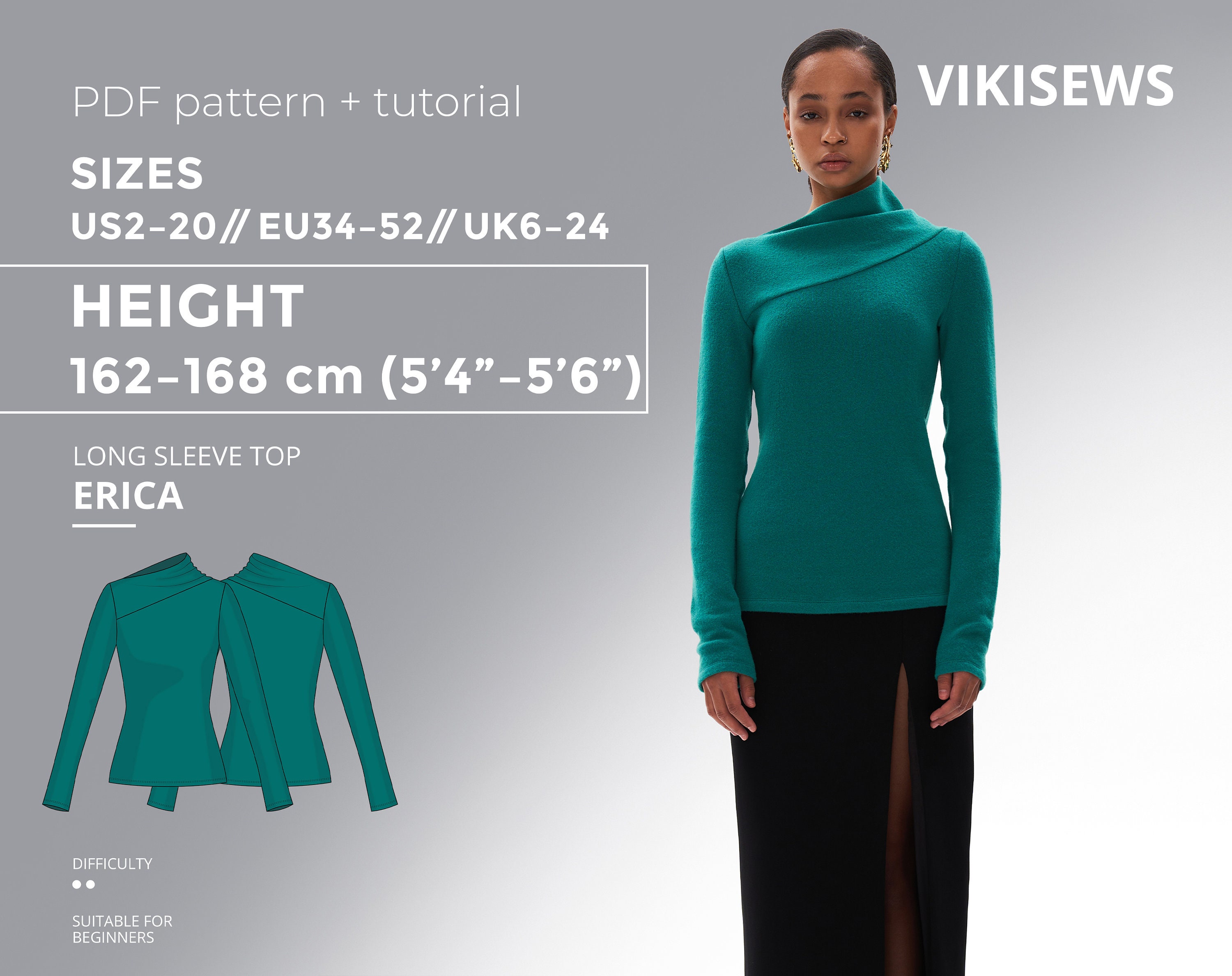 Erica Long Sleeve Top PDF Sewing Pattern With Tutorial, Size