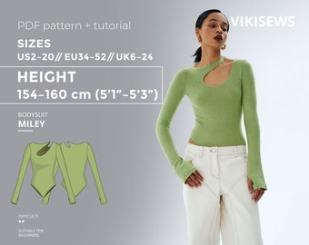 Miley bodysuit 154-160 height US sizes 2 - 20 pattern, cutout top sewing pattern with tutorial