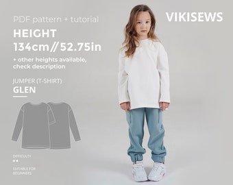 Glen (girls) t-shirt sewing pattern with tutorial height 52.75 in 134 cm