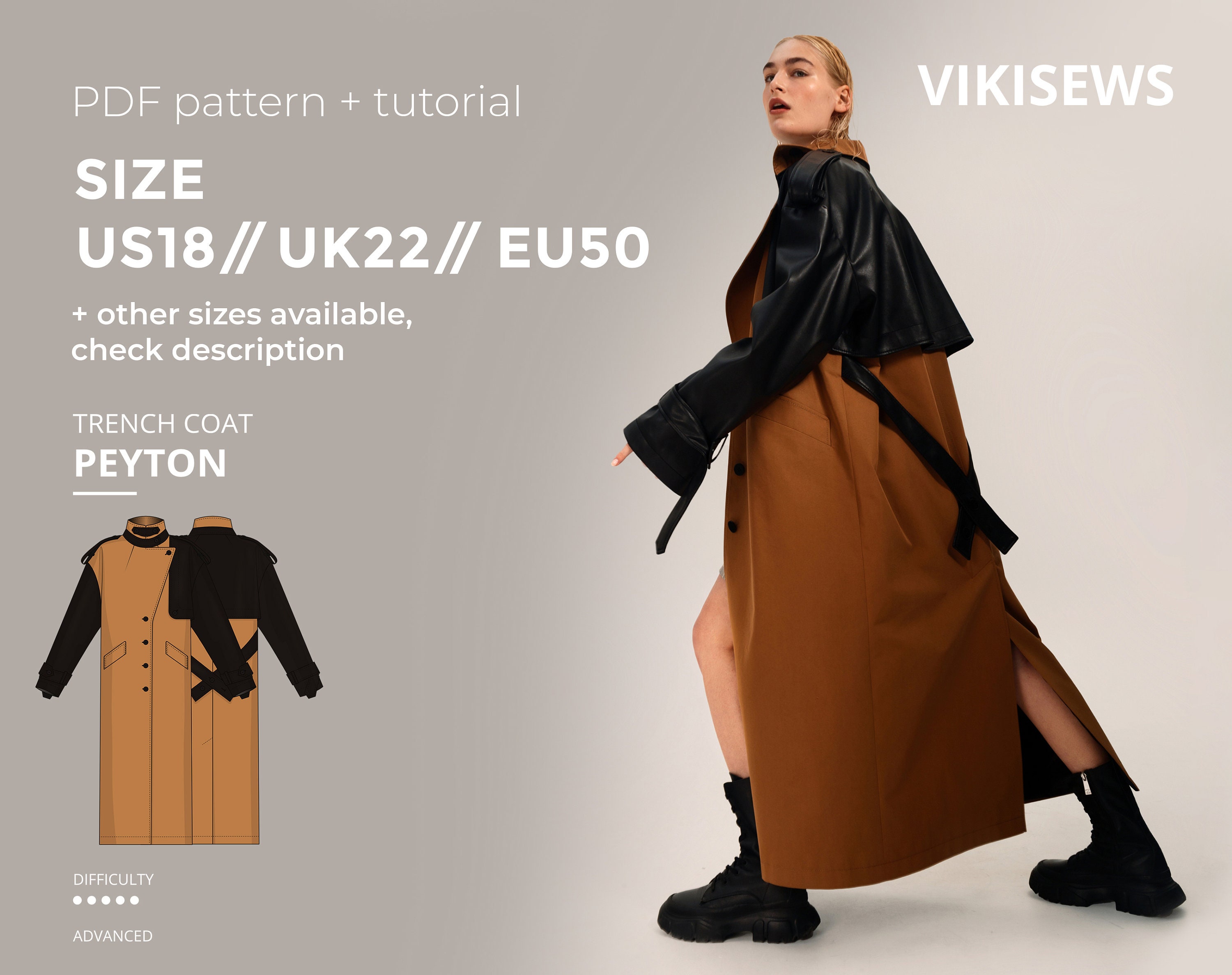 Peyton trench coat digital pattern pdf sewing pattern with tutorial size US 18 UK 22 EU 50
