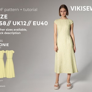 Leonie slim fit midi dress sewing pattern with tutorial size US 8 UK 12 EU 40