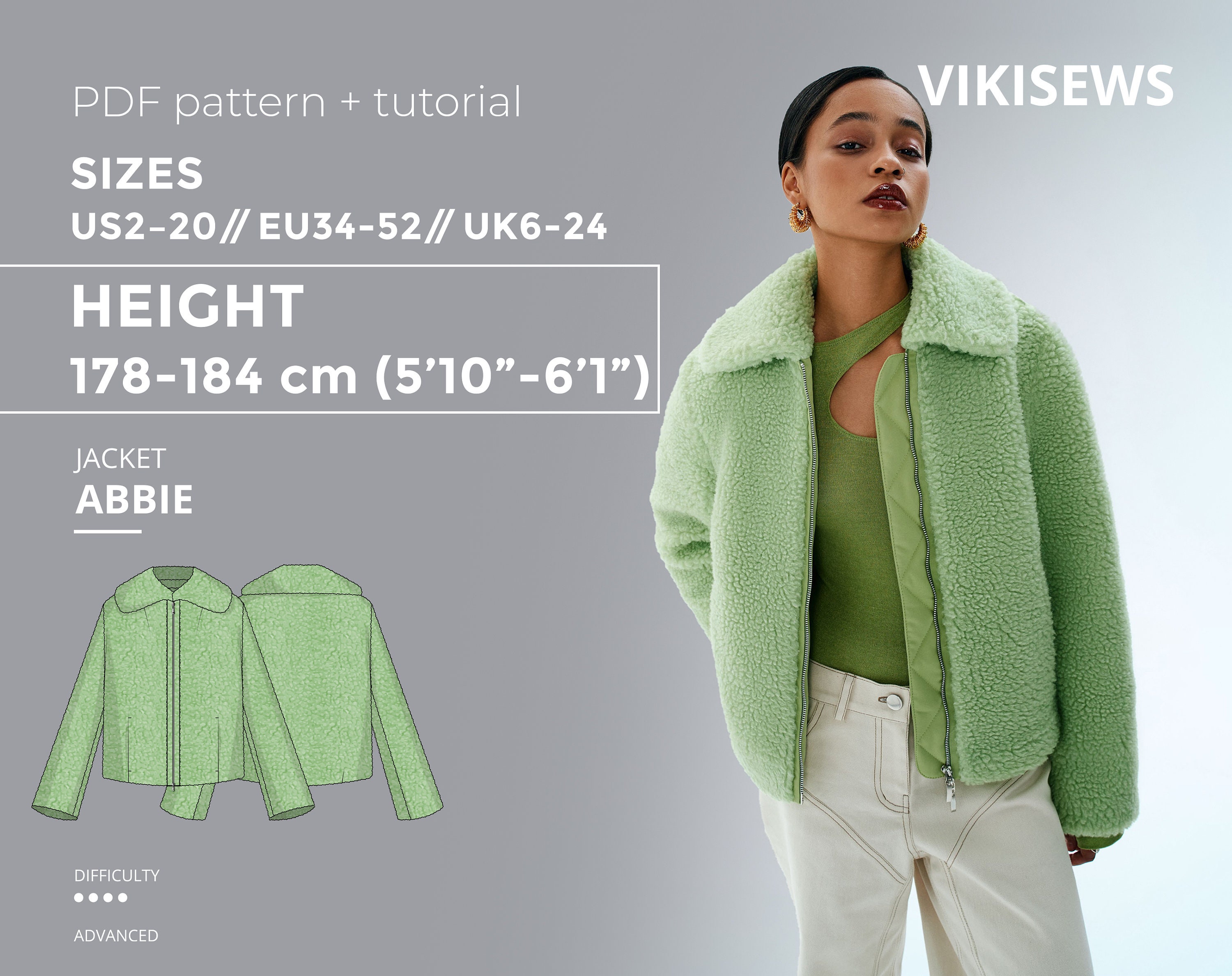 Faux Fur Jacket Sewing Pattern PDF Abbie 178-184 Height US Faux Fur Jacket Sewing Pattern PDF Abbie 178-184 Height US