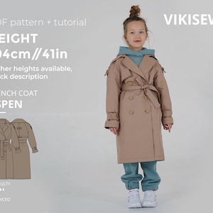 Aspengirls Trench Coat, kids Trench Coat sewing pattern with tutorial height 41 in 104 cm image 1