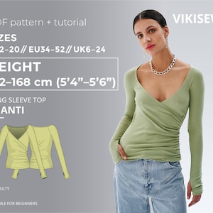 Puede incluir: Un patrón de costura PDF para una blusa de manga larga con envoltura llamada "Shanti". El patrón es adecuado para principiantes e incluye las tallas US 2-20, EU 34-52 y UK 6-24. El patrón está diseñado para una altura de 1,62 a 1,68 m (5'4" a 5'6").