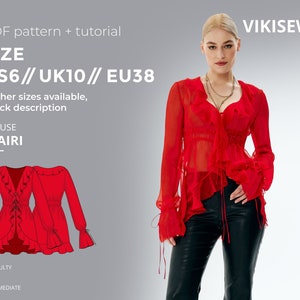 Tsairi blouse sewing pattern with tutorial, ruffle blouse pattern size US 6 UK 10 EU 38