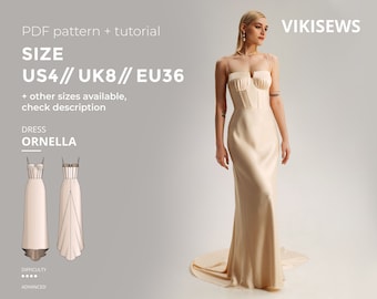 Wykrój sukienki Ornella US 8 UK 4 EU 36 | Wykrój sukienki gorsetowej do druku, suknia wieczorowa z trenem i gorsetem