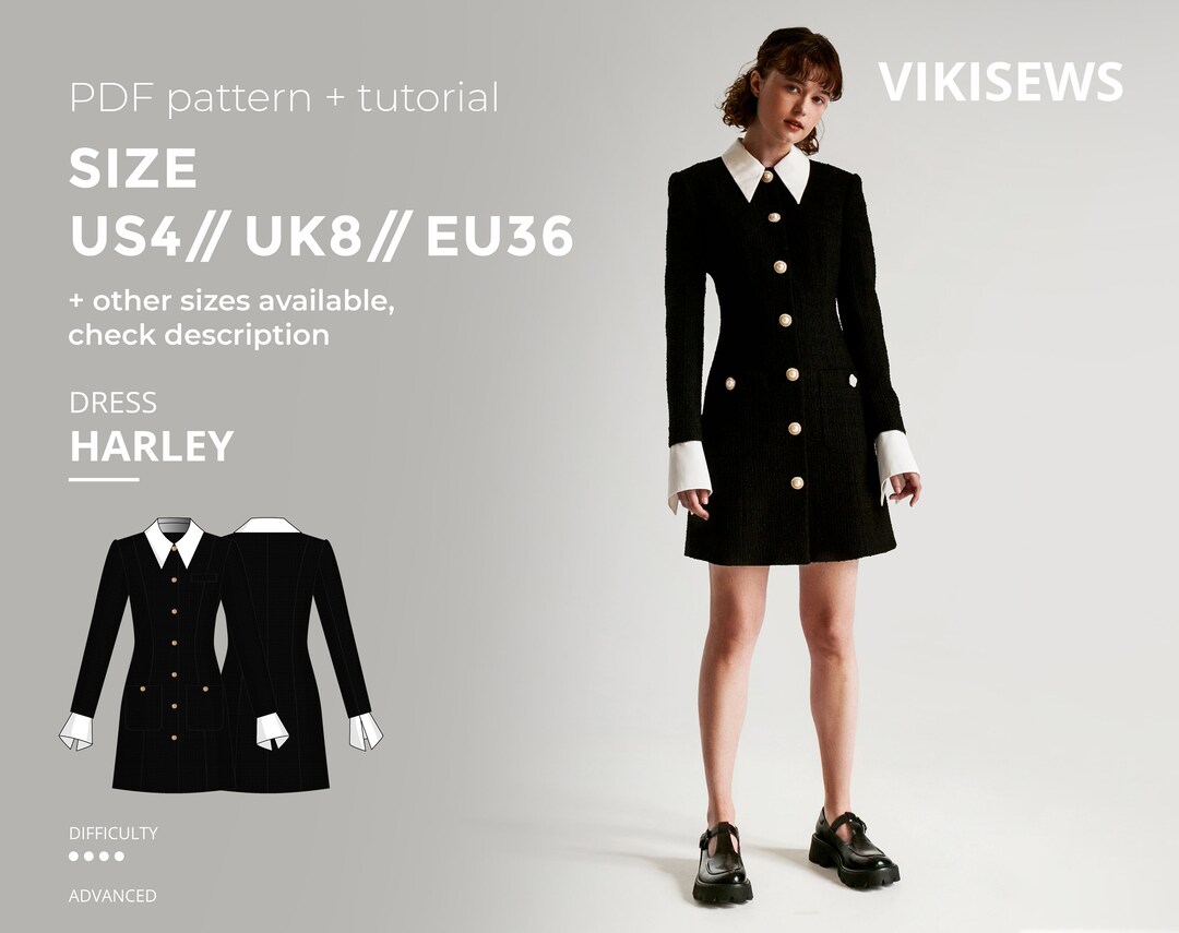Harley Dress, Wednesday Dress, Digital Pattern Pdf Sewing Pattern With Tutorial Size US 4 UK 8