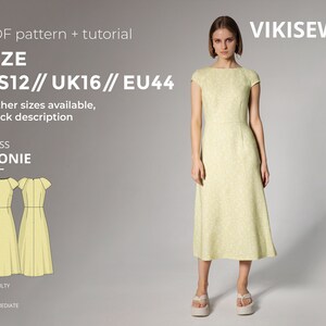 Leonie slim fit midi dress sewing pattern with tutorial size US 12 UK 16 EU 44
