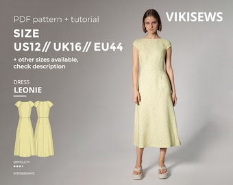 Leonie slim fit midi dress sewing pattern with tutorial size US 12 UK 16 EU 44