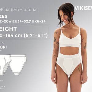 Pode incluir: Padrão de costura para cuecas brancas com um desenho de linha das cuecas e uma foto de uma modelo usando as cuecas. O padrão é para os tamanhos EU 34-52, UK 6-24, US 2-20. O padrão é adequado para iniciantes e é para uma altura de 170-184 cm (5'7"-6'1").