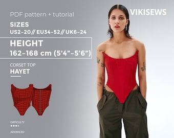Modello per top corsetto Hayet altezza 162-168 taglie USA 2 - 20, cartamodello per cucire top corsetto principessa con tutorial