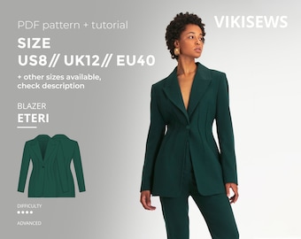 Patron de blazer sur mesure Eteri classique avec tutoriel pdf taille US 8 UK 12 EU 40