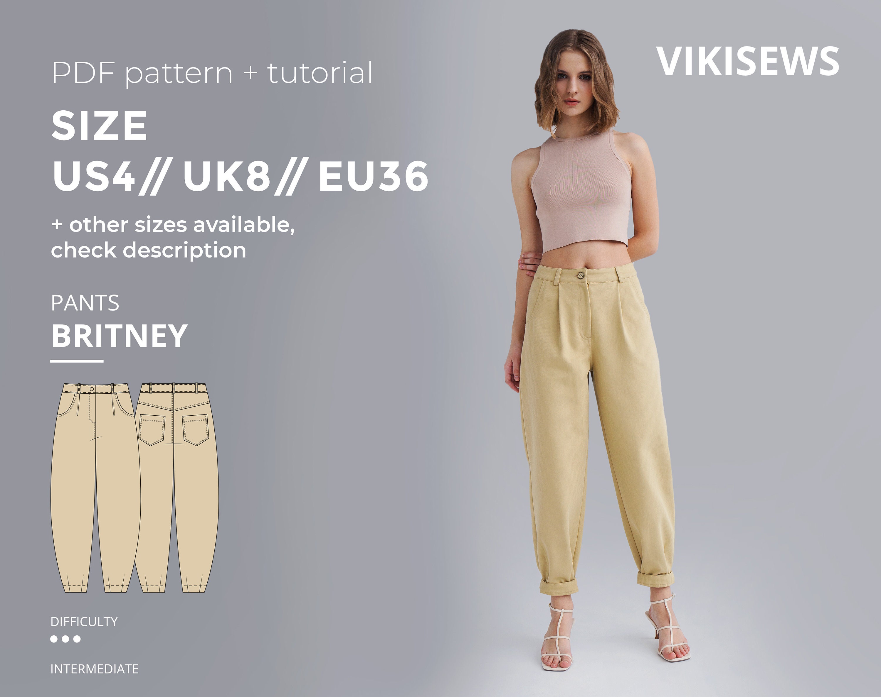 Britney Pants Sewing Pattern With Tutorial Size US 4 UK 8 EU Britney Pants Sewing Pattern With Tutorial Size US 4 UK 8 EU