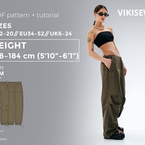 Pam cargo pants 178-184 height US sizes 2 - 20 pattern, oversized pants pattern with pdf tutorial, drawstring baggy trousers sewing pattern