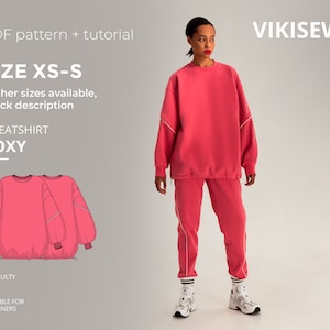 Peut inclure: Patron de couture pour sweat-shirt rose avec un contour blanc. Le patron s'appelle "ROXY" et est disponible en tailles XS-S. Le patron est adapté aux débutants.