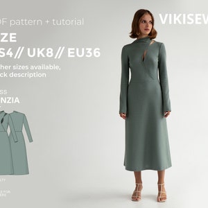 Patrón de vestido Nunzia ajustado con falda acampanada con tutorial en pdf talla US 4 UK 8 EU 36