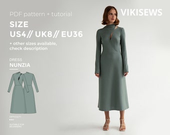 Nunzia close-fitting dress with flared skirt pattern with pdf tutorial size US 4 UK 8 EU 36