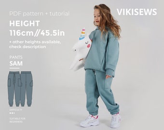 Sam pants (girls) sewing pattern with tutorial height 45.5 in 116 cm