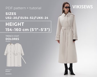 Dolores Trench Coat PDF sewing pattern with tutorial, size EU34-EU52 for 154-160 cm height