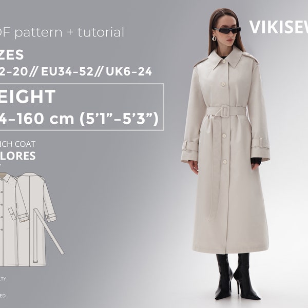 Patron de couture PDF Dolores Trench Coat avec tutoriel, taille EU34-EU52 pour 154-160 cm de hauteur