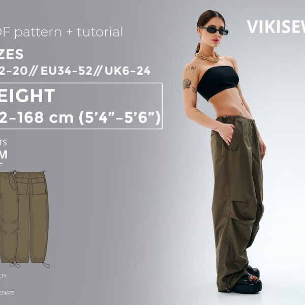 Pam Cargohose 162-168 Höhe US Größen 2 - 20 Schnittmuster, Oversized Hosen Schnittmuster mit pdf Tutorial, Baggy Hose Schnittmuster mit Kordelzug