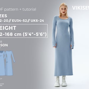 May include: A blue midi dress with long sleeves and a scoop neck. The dress is shown on a model with white sneakers. The text "VIKISEWS" is in the top right corner of the image. The text "PDF pattern + tutorial" is in the top left corner of the image. The text "SIZES US2-20//EU34-52// UK6-24" is below the text "PDF pattern + tutorial". The text "HEIGHT 162-168 cm (5'4"-5'6")" is below the text "SIZES". The text "DRESS ALISON" is below the text "HEIGHT". The text "DIFFICULTY" is below the text "DRESS ALISON". The text "SUITABLE FOR BEGINNERS" is below the text "DIFFICULTY".