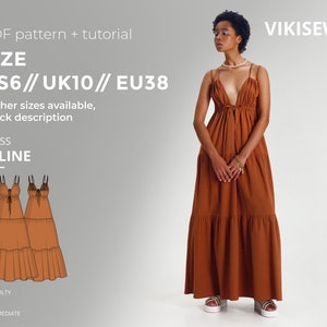 Puede incluir: Un patrón de costura PDF para un vestido maxi marrón con cuello en V y un lazo en la cintura. El vestido tiene una falda de capas y está etiquetado como "US6// UK10// EU38". El patrón está etiquetado como "VESTIDO CELINE" y tiene un nivel de dificultad "INTERMEDIO".