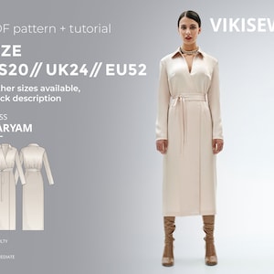 Maryam sukienka pół-dopasowana kopertowa wzór do szycia w formacie PDF wzór cyfrowy z samouczkiem rozmiar US 20 UK 24 EU 52